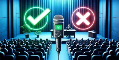Az előadás átírásának előnyei és hátrányai a mikrofon melletti világító pipa és kereszt szimbólumokkal illusztrálva.