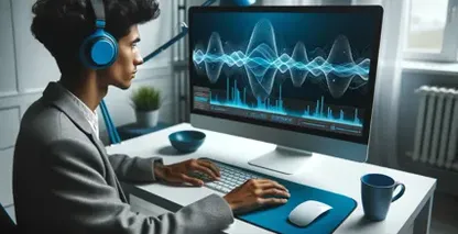 Jauns cilvēks ar austiņām uzmanīgi analizē skaņas viļņus datora monitorā.