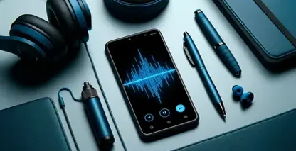 Smartphone dengan gelombang suara, headphone, dan alat yang mewakili aplikasi transkripsi.