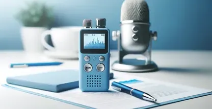 Las herramientas para la transcripción de entrevistas incluyen una grabadora de voz digital, un micrófono y un documento abierto con cuaderno.