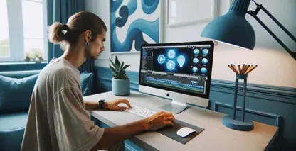 Un professionnel travaillant sur un ordinateur affichant des symboles audio et vocaux.
