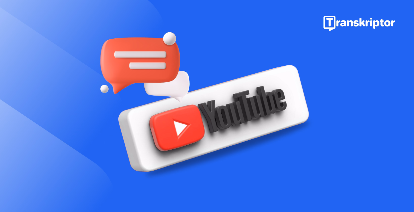 לוגו YouTube תלת-ממדי עם בועת צ'אט בצבע אלמוגים על רקע שיפוע כחול