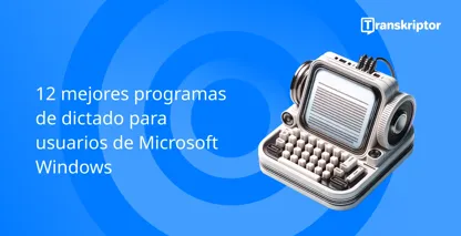 Software de dictado para usuarios de Windows con un micrófono vintage y una máquina de escribir, que simboliza la escritura por voz.