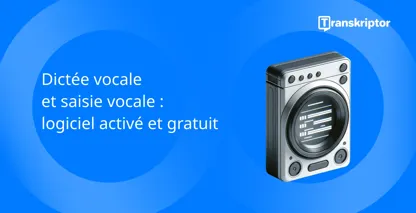 Microphone vintage bleu avec texte de transcription représentant les services de dictée vocale.