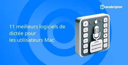 Meilleur logiciel de dictée Mac avec microphone et logo Apple, indiquant la compatibilité.