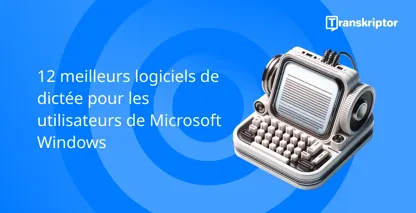 Logiciel de dictée pour les utilisateurs de Windows avec un microphone et une machine à écrire vintage, symbolisant la saisie vocale.