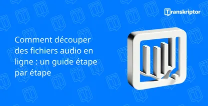 Un guide numérique sur le découpage de fichiers audio en ligne avec un logo avec des formes de livres abstraites.