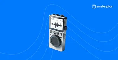Transkripsikan memo suara dengan perekam digital yang menampilkan gelombang suara, dengan latar belakang biru cerah.