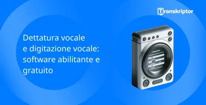 Microfono vintage blu con testo di trascrizione che rappresenta i servizi di dettatura vocale.