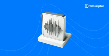 Ilustrasi gelombang bunyi pada monitor mewakili proses transkripsi audio langsung seperti yang diperincikan dalam panduan.