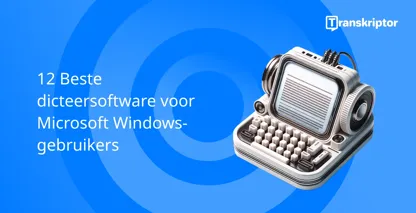 Dicteersoftware voor Windows gebruikers met een vintage microfoon en typemachine, die spraakgestuurd typen symboliseren.