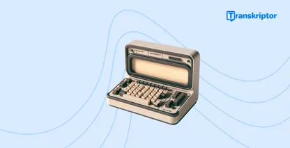 Transkriptor automatiske undertekstgenerering representeres av vintage skrivemaskin, enkel og gratis online bruk.