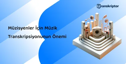 Müzisyenler için müzik transkripsiyonunun önemli rolünü gösteren müzik notaları ve hoparlör öğeleri içeren soyut kurulum.