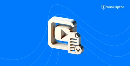 Transkripcijas pakalpojumu ikona ar atskaņošanas pogu un dokumentu YouTube kas simbolizē video pārvēršanu tekstā.