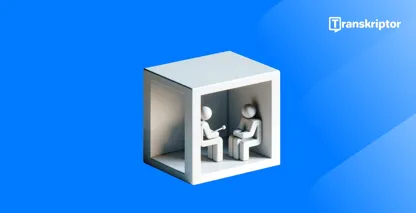 Mentranskripsi wawancara yang digambarkan oleh tokoh 3D dalam kotak, menonjolkan proses wawancara untuk kejelasan.