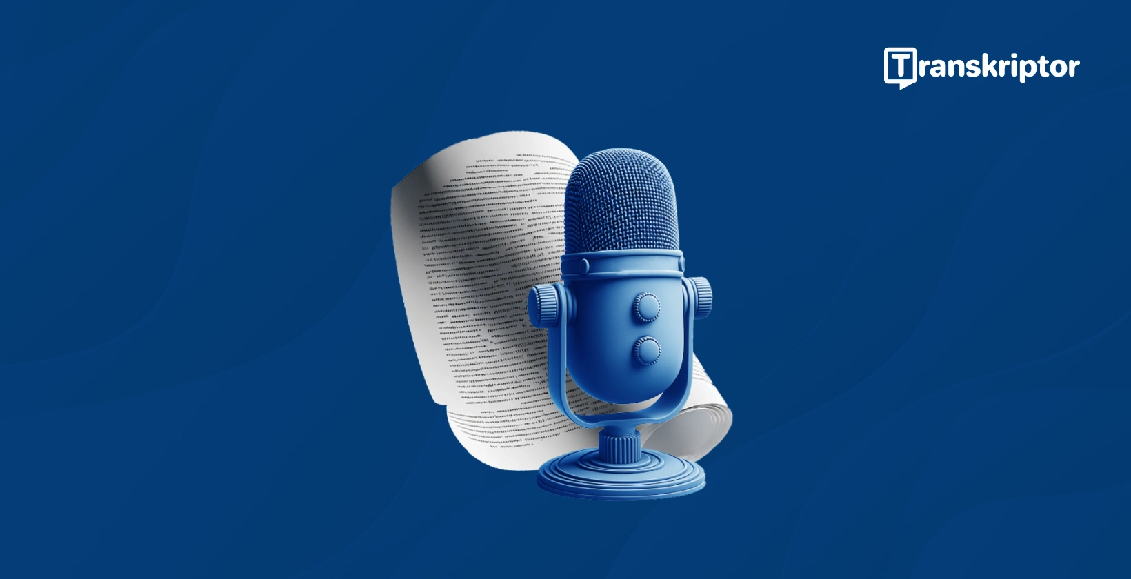 Menyalin audio kepada teks yang digambarkan oleh mikrofon biru dan dokumen teks.