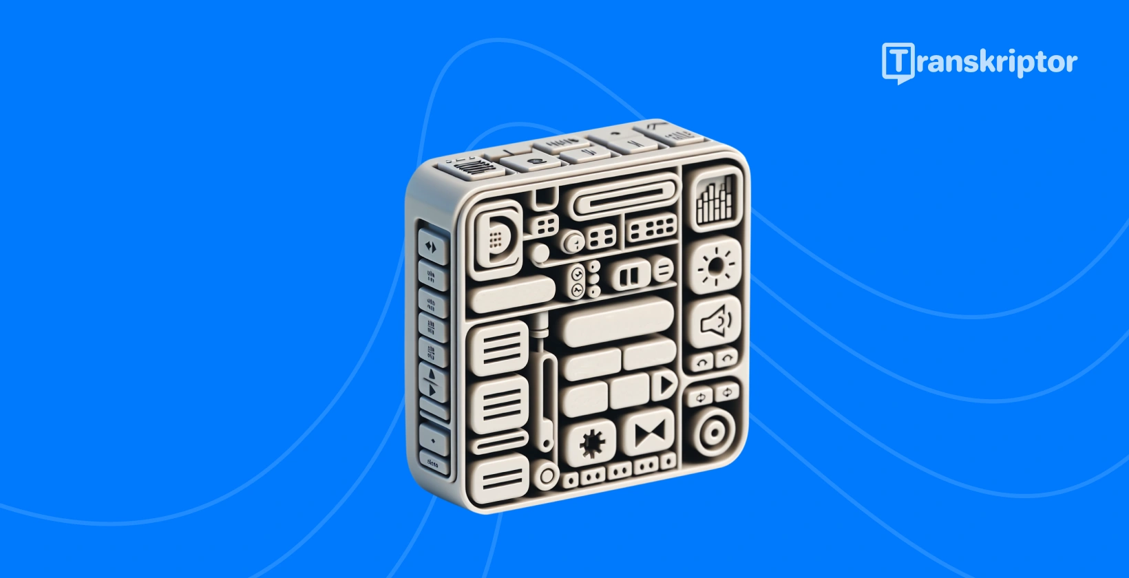 Ring transkription programvara ikoner kub som illustrerar Transkriptors effektiva funktioner.