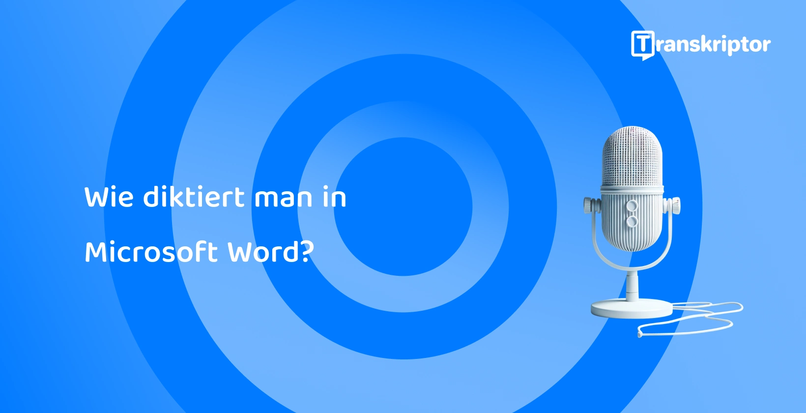 Ein modernes Mikrofon vor blauem Hintergrund, das Sprachdiktierfunktionen in Microsoft Word symbolisiert.