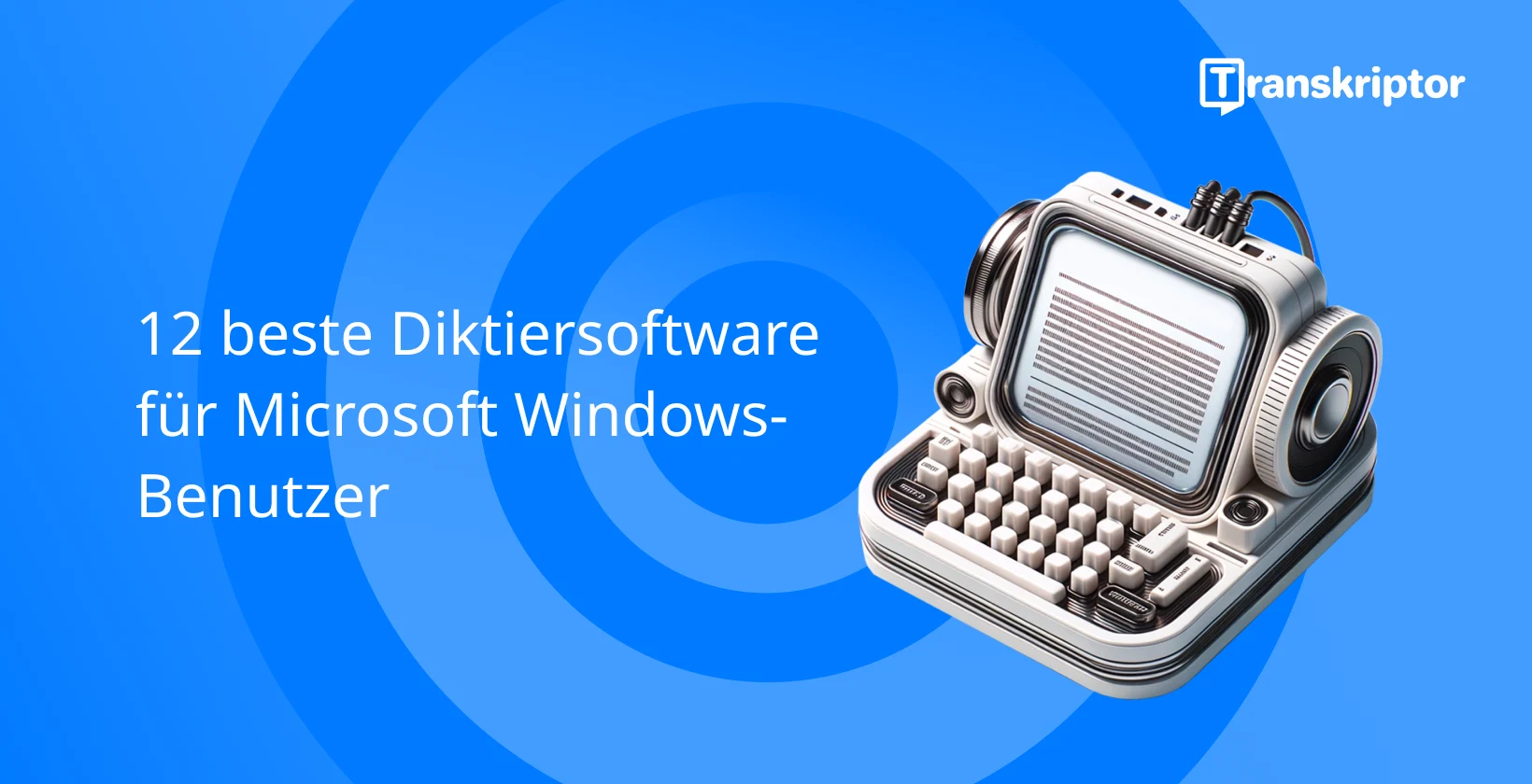 Diktiersoftware für Windows-Benutzer mit einem Vintage-Mikrofon und einer Schreibmaschine, die die Spracheingabe symbolisiert.