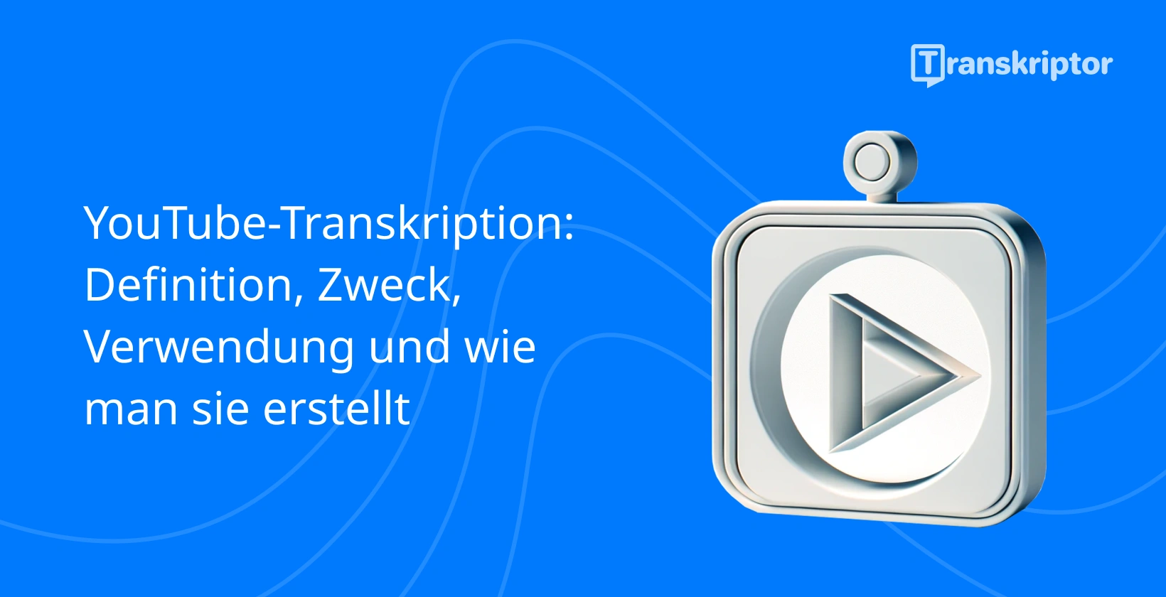 Transkribieren Sie YouTube Shorts symbolisiert durch eine Wiedergabeschaltfläche und Dokumente in einem 3D-Rahmen auf blauem Hintergrund.