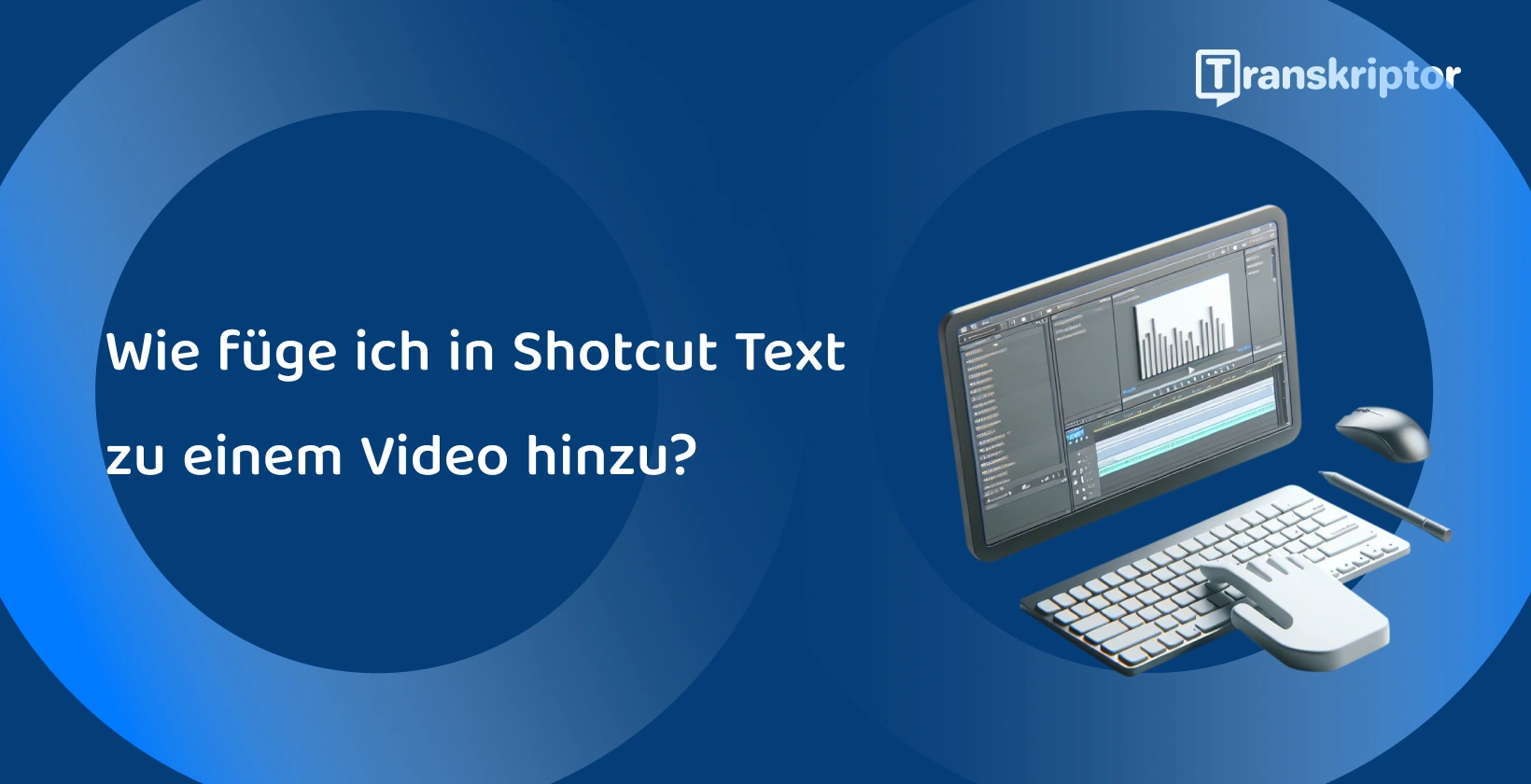 Shotcut Videobearbeitungssoftware auf einem Monitor mit Wellenform- und Textwerkzeugen zum Hinzufügen von Untertiteln und Titeln zu Videos.