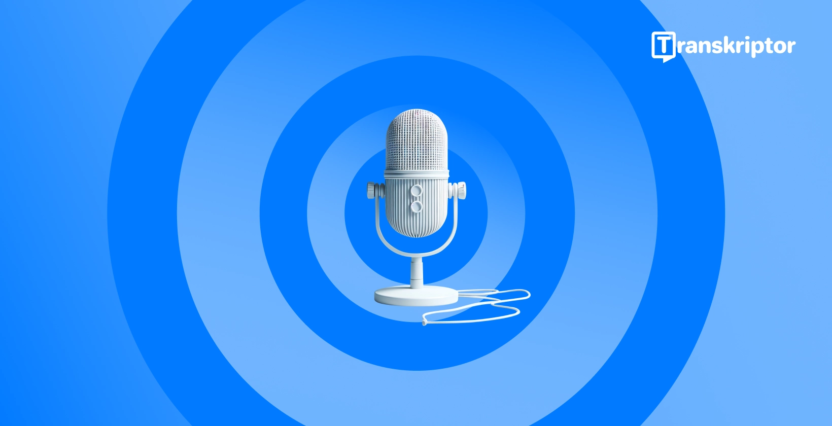 Mikrofon modern dengan latar belakang biru, melambangkan fitur dikte suara di Microsoft Word.