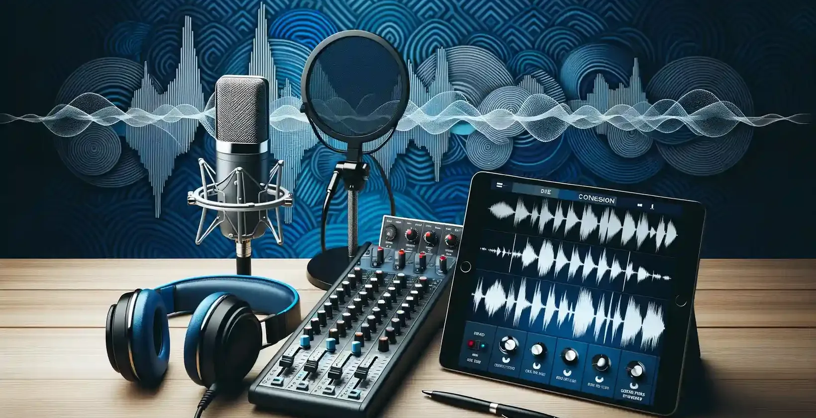 Profesionali podkasto transkripcijos sąranka su mikrofonu ir ausinėmis, pabrėžiančiomis transkripcijos paslaugas.