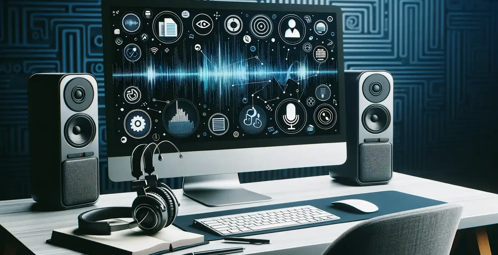 Ruang kerja dengan monitor komputer yang menampilkan berbagai alternatif audio dan transkripsi
