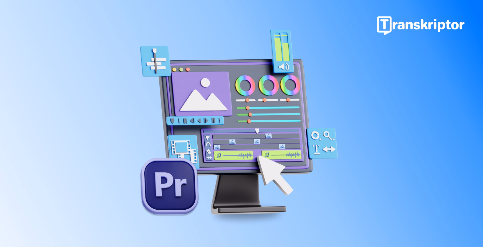 Adobe Premiere Pro interface showing text overlay tools with timeline and audio waveforms for podcast transcription.