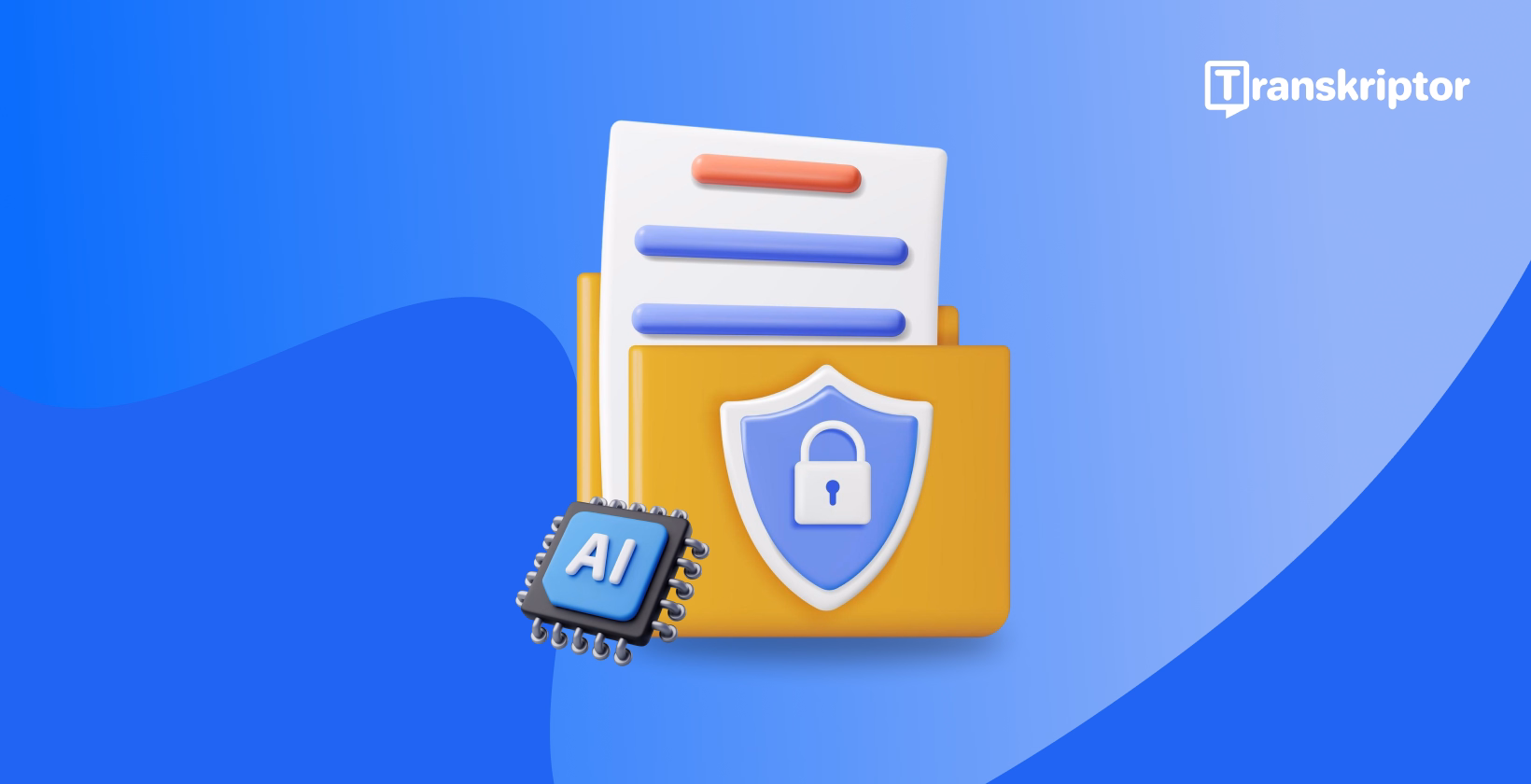 Document folder with security shield and AI processor showing protected transcription data in secure environment.