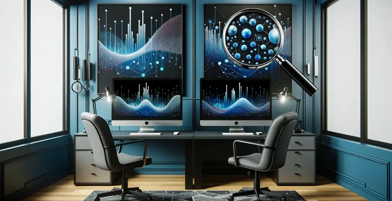Et sofistikeret kontor med flere computerskærme, der viser detaljerede datagrafer og molekylære strukturer.