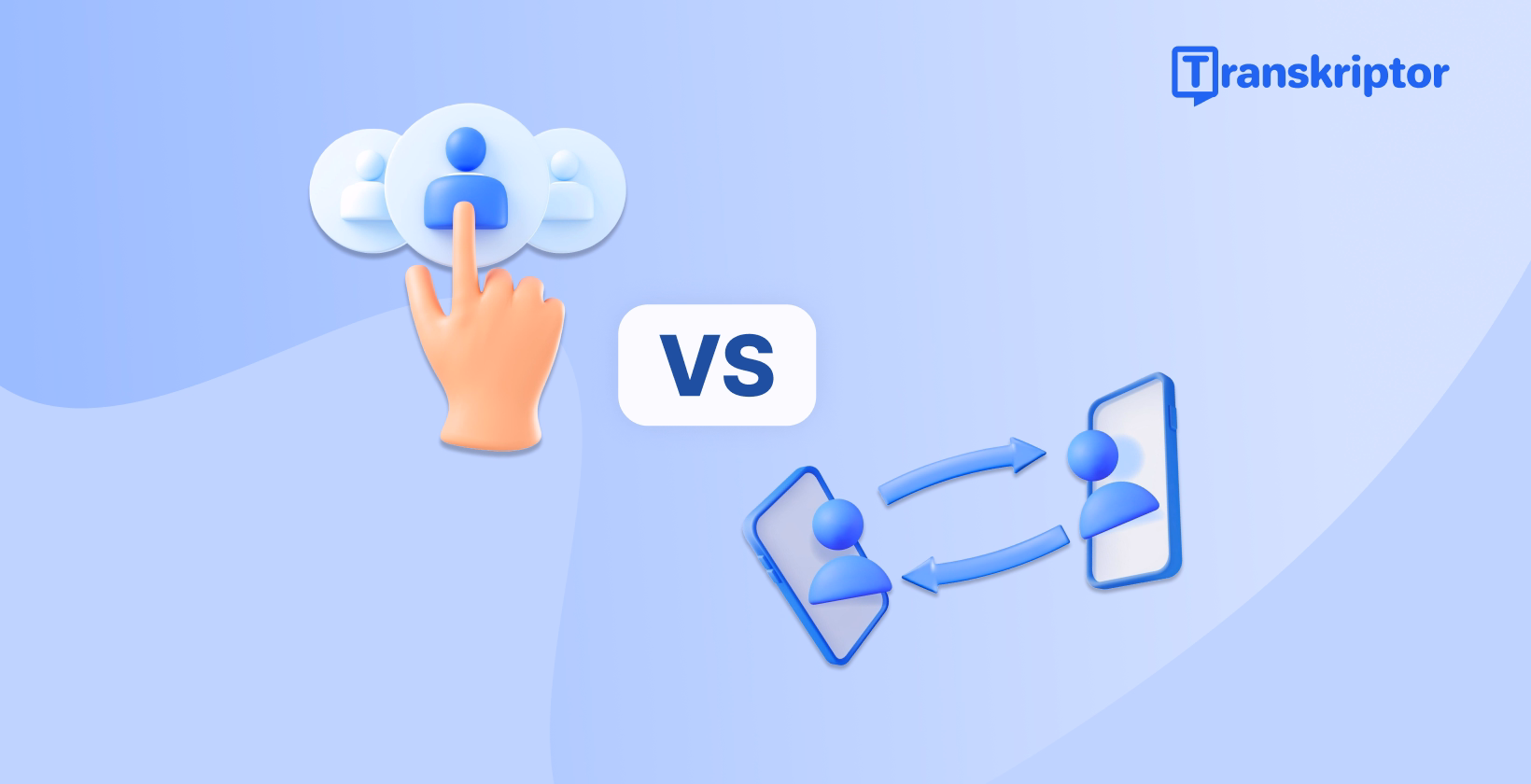Comparative diagram showing asynchronous versus synchronous transcription workflows with Transkriptor platform elements.