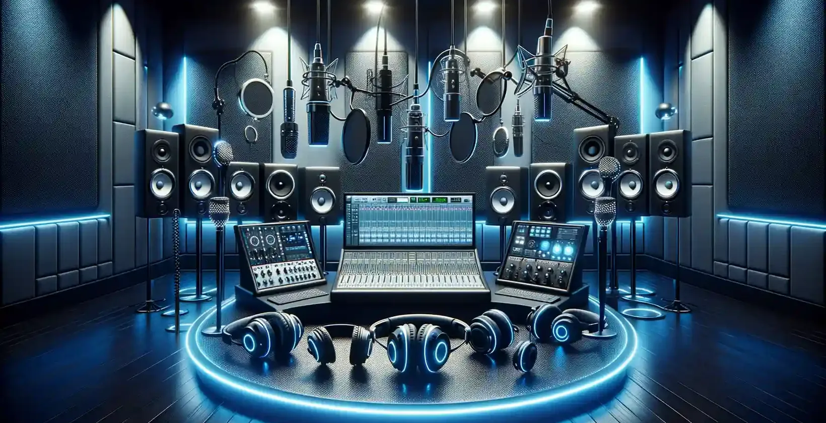 Dikteringsutrustning som symboliserar 2023 års bästa inspelningsstudio med mikrofoner, mixrar