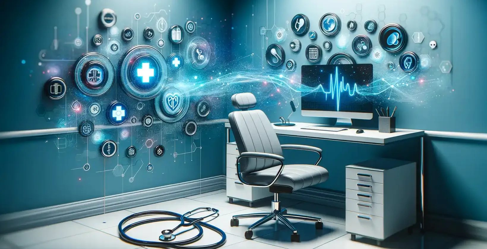 Applications de transcription médicale dans un bureau moderne avec des symboles de santé numériques et des éléments holographiques.