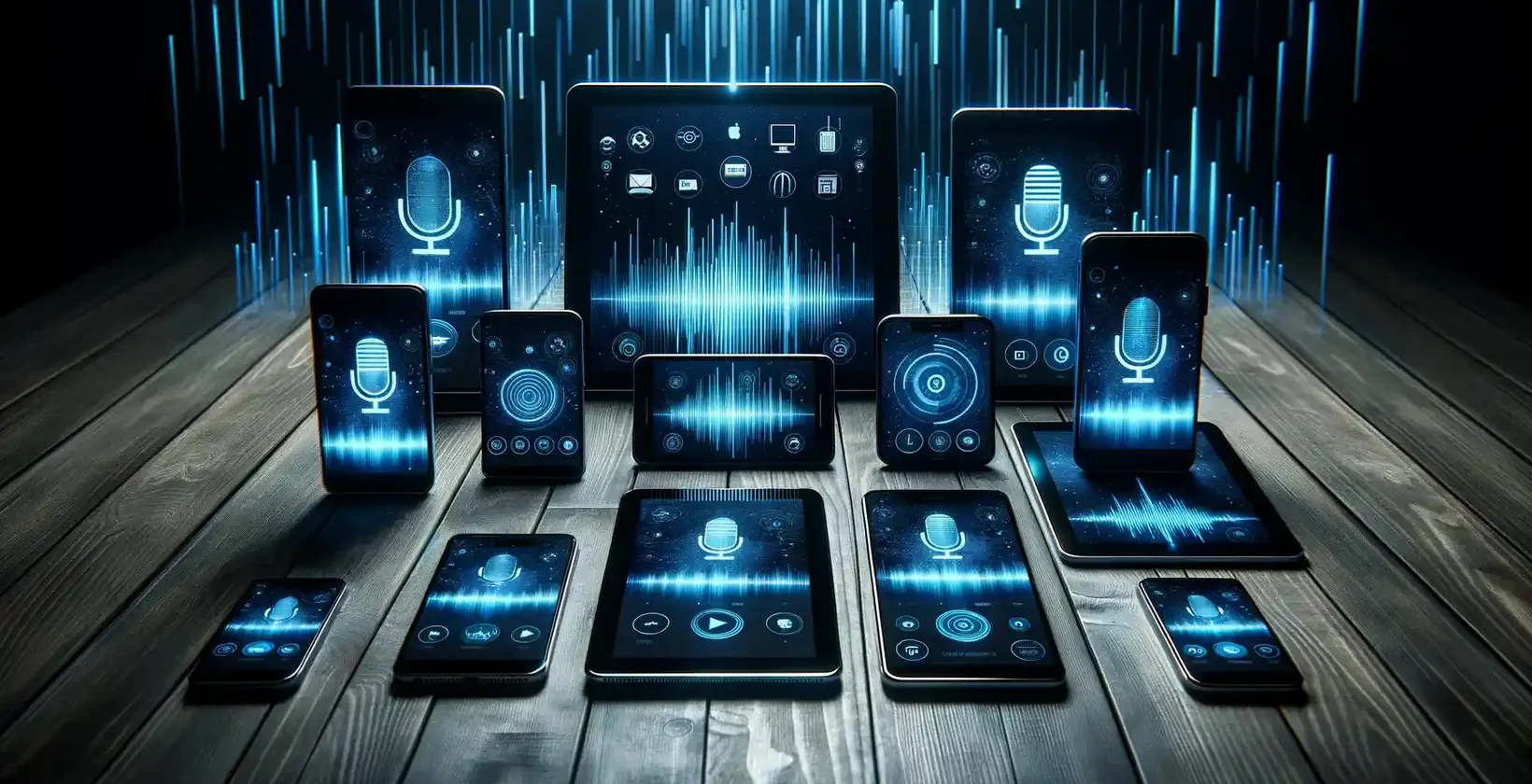 Aplikacije za prepisovanje za Android, prikazane na napravah z valovnimi oblikami in digitalnimi linijami