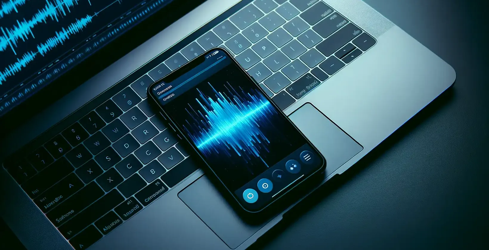 Iš arti matomas iPhone@, kuriame šalia apšviestos nešiojamojo kompiuterio klaviatūros rodomos ryškios garso bangų formos.