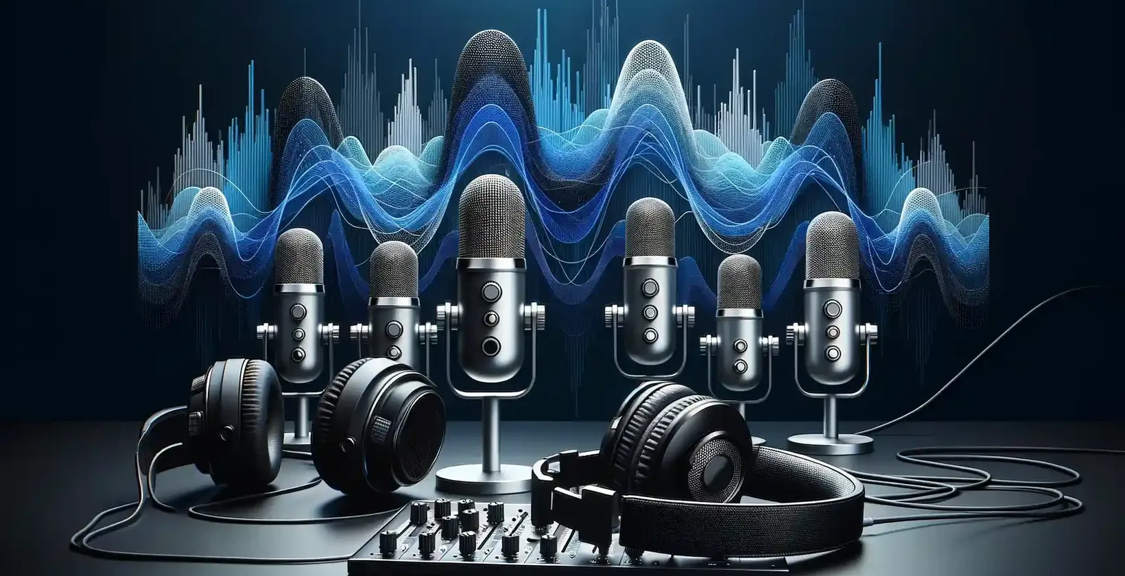 Software de transcrição para vários alto-falantes representados por microfones e fones de ouvido de alta tecnologia em meio a ondas sonoras dinâmicas