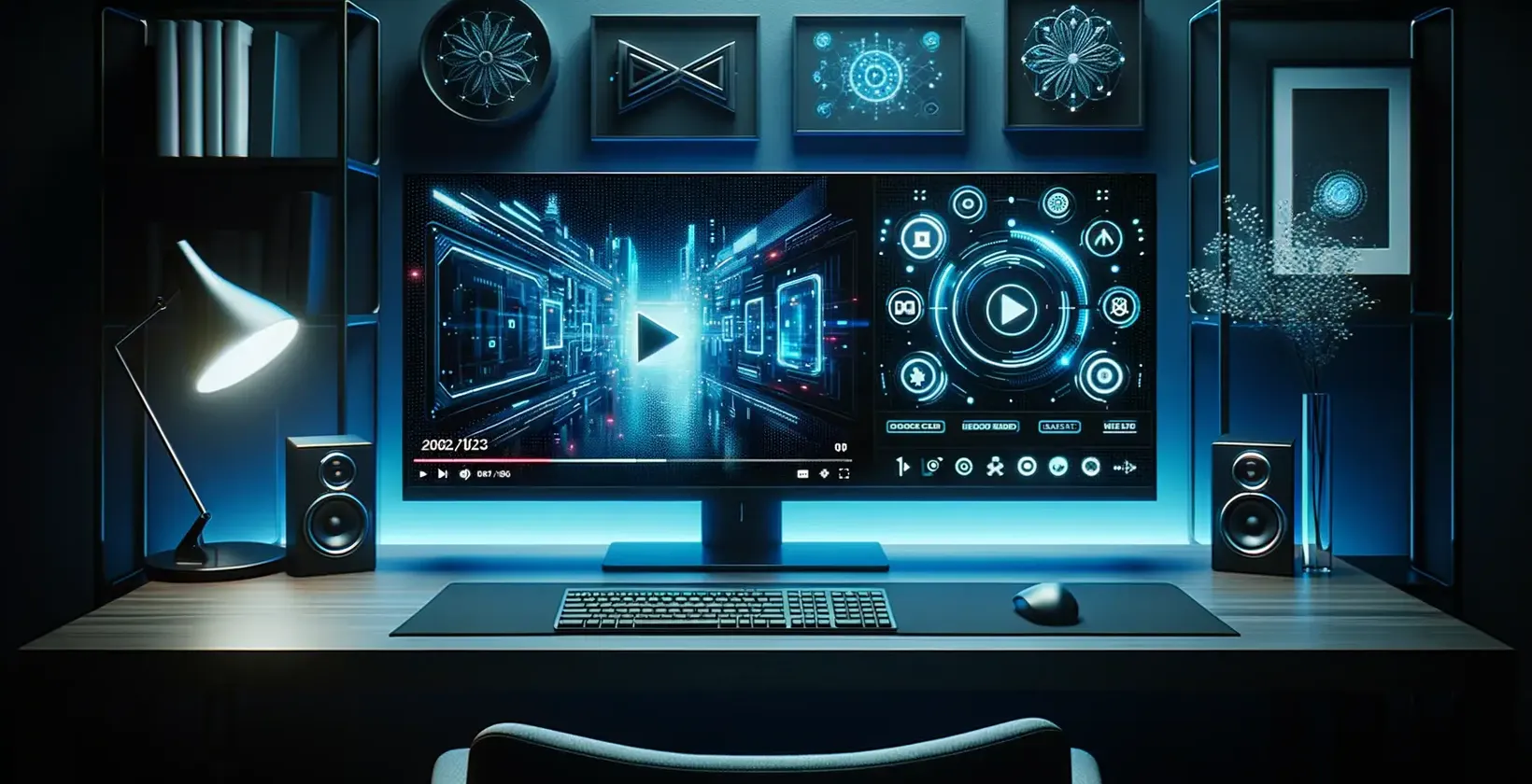 Λογισμικό μετατροπής βίντεο σε κείμενο για PC σε ένα χώρο εργασίας με δυναμικά γραφικά, τέχνη, ηχεία και φωτισμό περιβάλλοντος