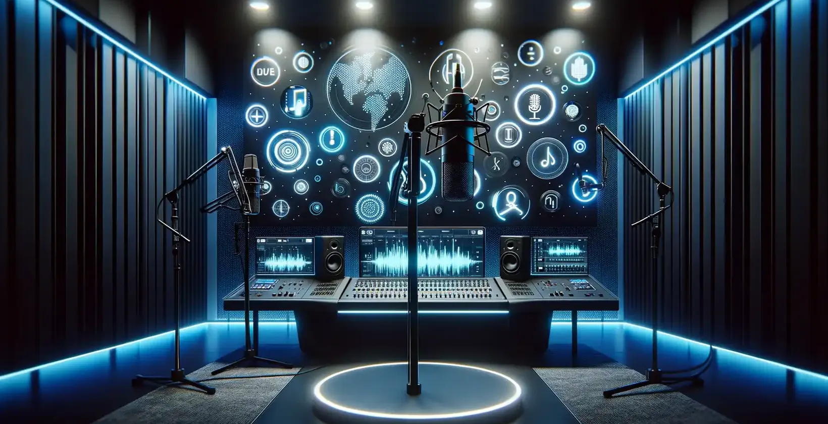 Conversor de voz para texto exemplificado num estúdio com microfones e visualização de símbolos áudio