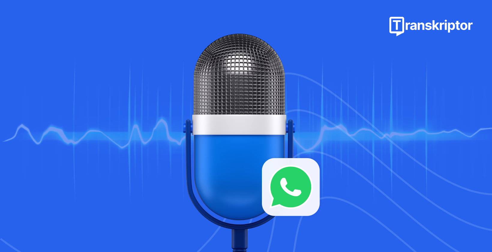 Microfono professionale con logo WhatsApp e onde sonore blu su sfondo sfumato