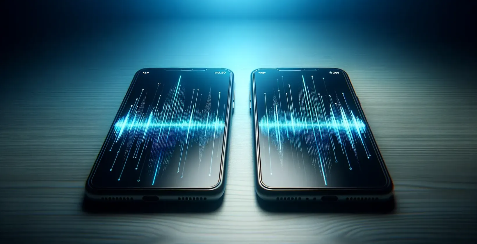 Smartphones viser dynamiske digitale bølgeformer, der repræsenterer transskriptionssoftwarefunktioner