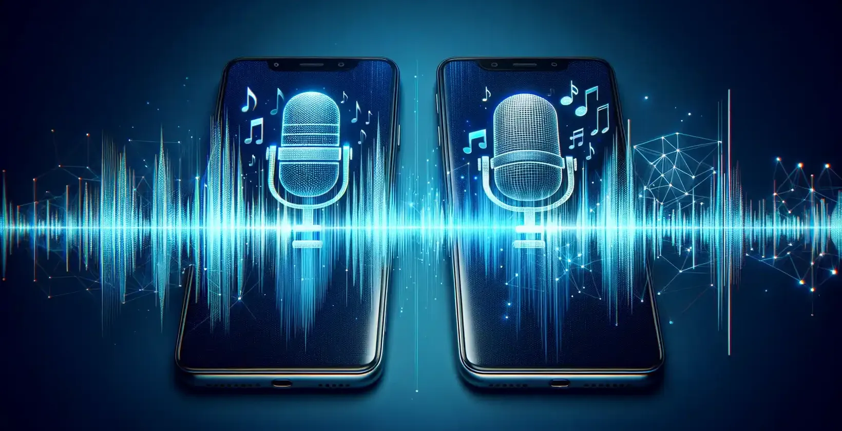 Два смартфони прикажуваат живописни микрофонски икони среде дигитални бранови форми, симболизирајќи ги транскрипционите услуги
