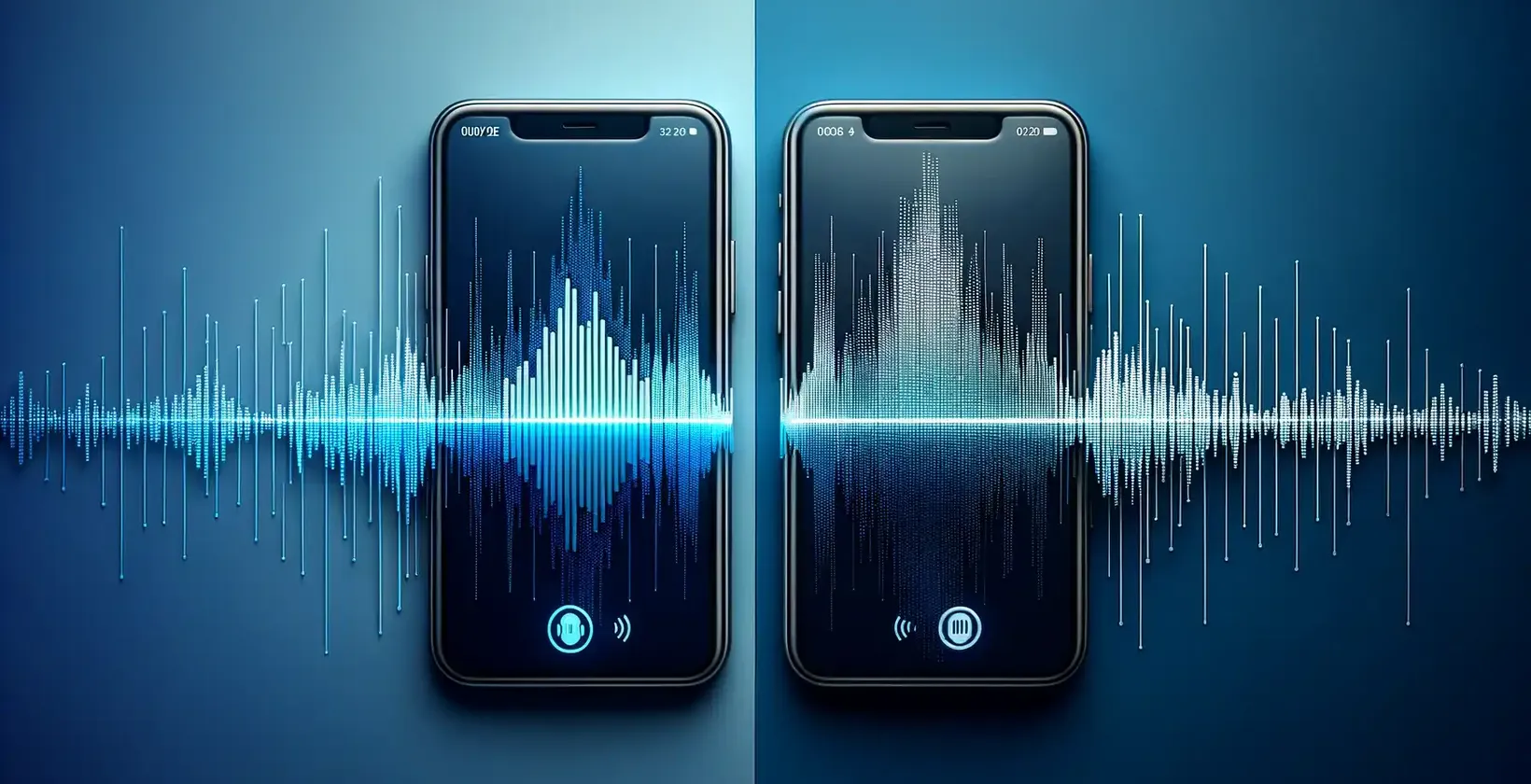 Degrade mavi arka plana karşı yan yana iki modern akıllı telefon
