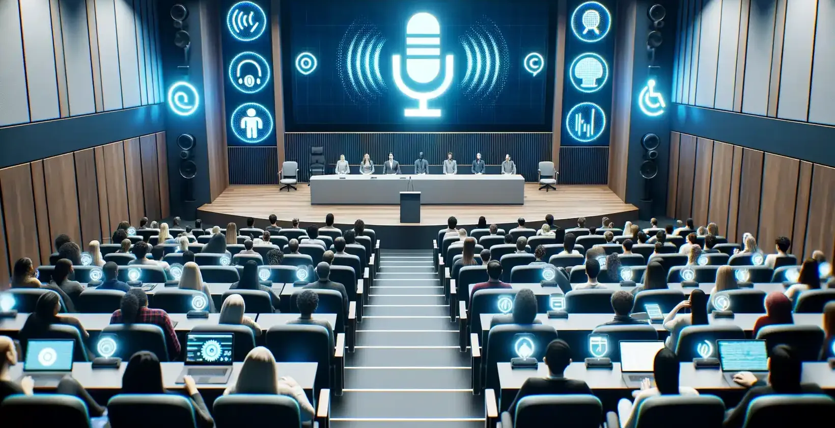 Conferencias-accesibilidad en un auditorio con diversos asistentes muestra dispositivos con iconos de accesibilidad