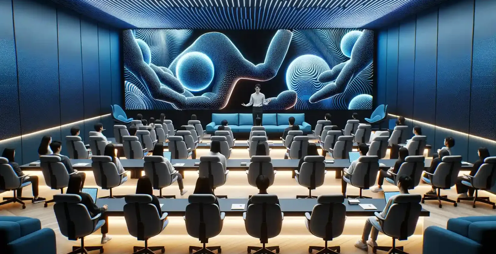 Moderno salão de palestras com participantes sentados em cadeiras macias, cada um equipado com estações de trabalho individuais