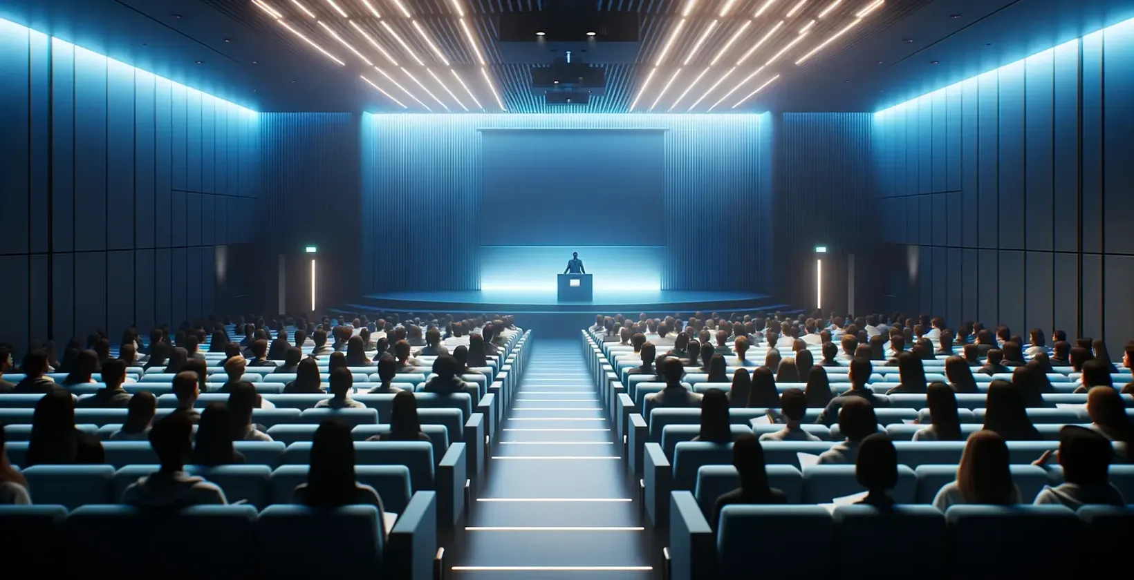 Mediul sălii de conferințe este slab luminat, cu participanții cu fața spre o scenă și un vorbitor pe podium.