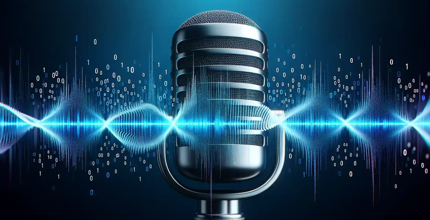 Stemme-til-tekst symboliseret ved en futuristisk mikrofon med lydbølger og binære tegn.