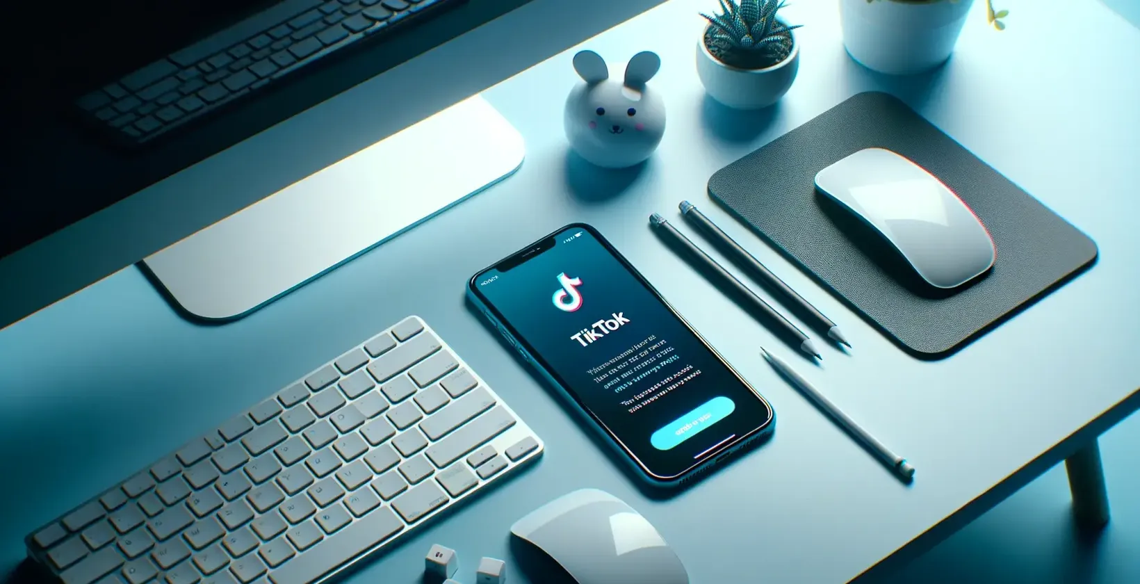 Smartfon z otwartą aplikacją TikTok, otoczony klawiaturą, myszą i elementami pulpitu na podświetlonym na niebiesko stole.