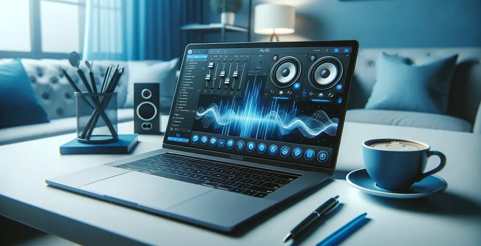 Laptop menampilkan tag speaker dan bentuk gelombang di dekat kopi, mengisyaratkan transkripsi audio.