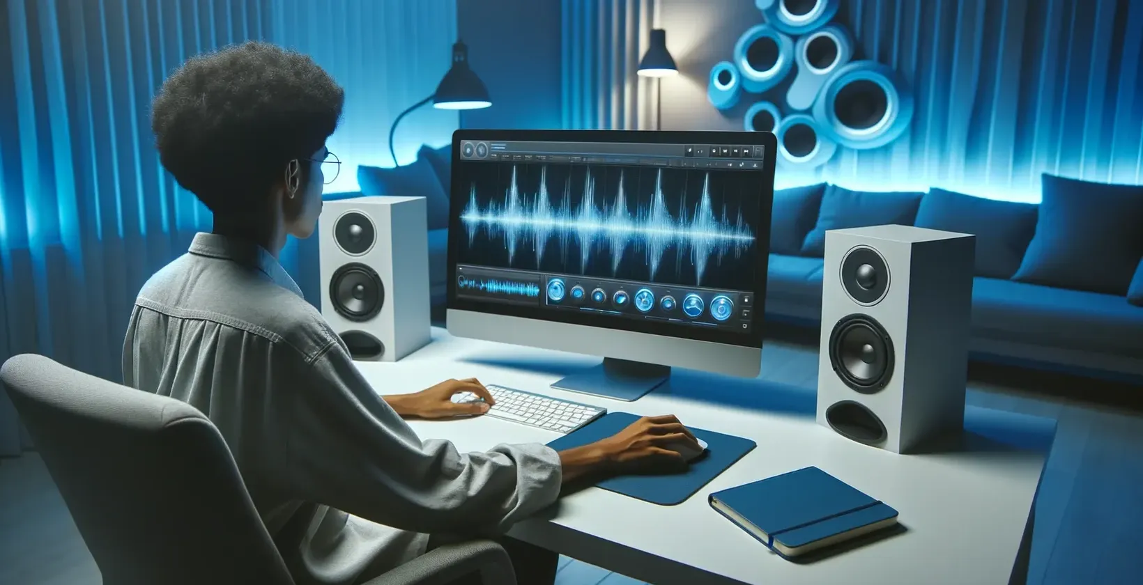 En person som jobber på en datamaskin og legger til tekst til en videoklipping i et moderne studiomiljø med høyttalere.